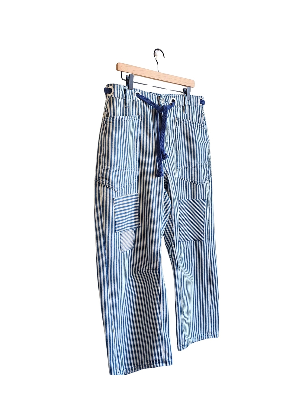 Free People Moxie Railroad Low-Slung Jeans Blue Stripe Patchwork Utility Size 30 - Picture 9 of 16